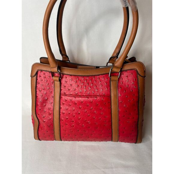 London Fog Handbag Red Ostrich Faux Leather Snap Satchel Top Handle Bag NEW - Picture 3 of 11
